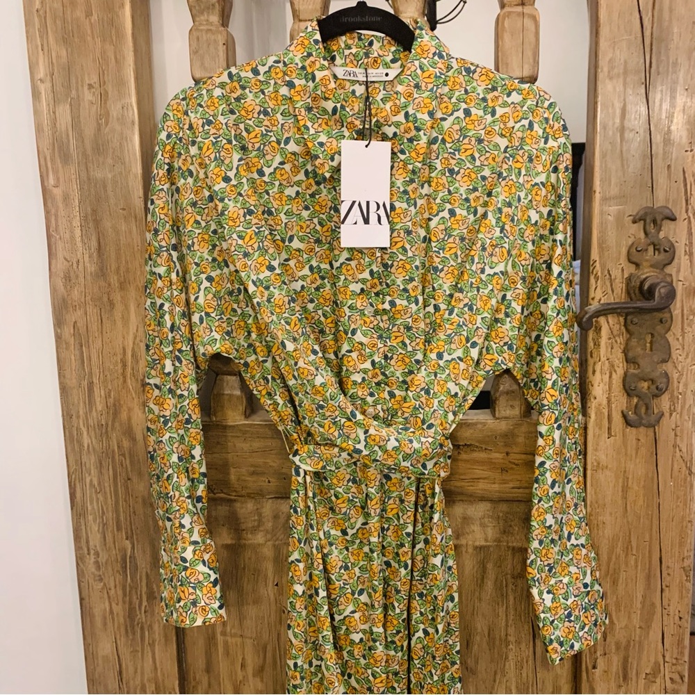 Zara Floral Button Up Self Tie Wrap MIDI Dress